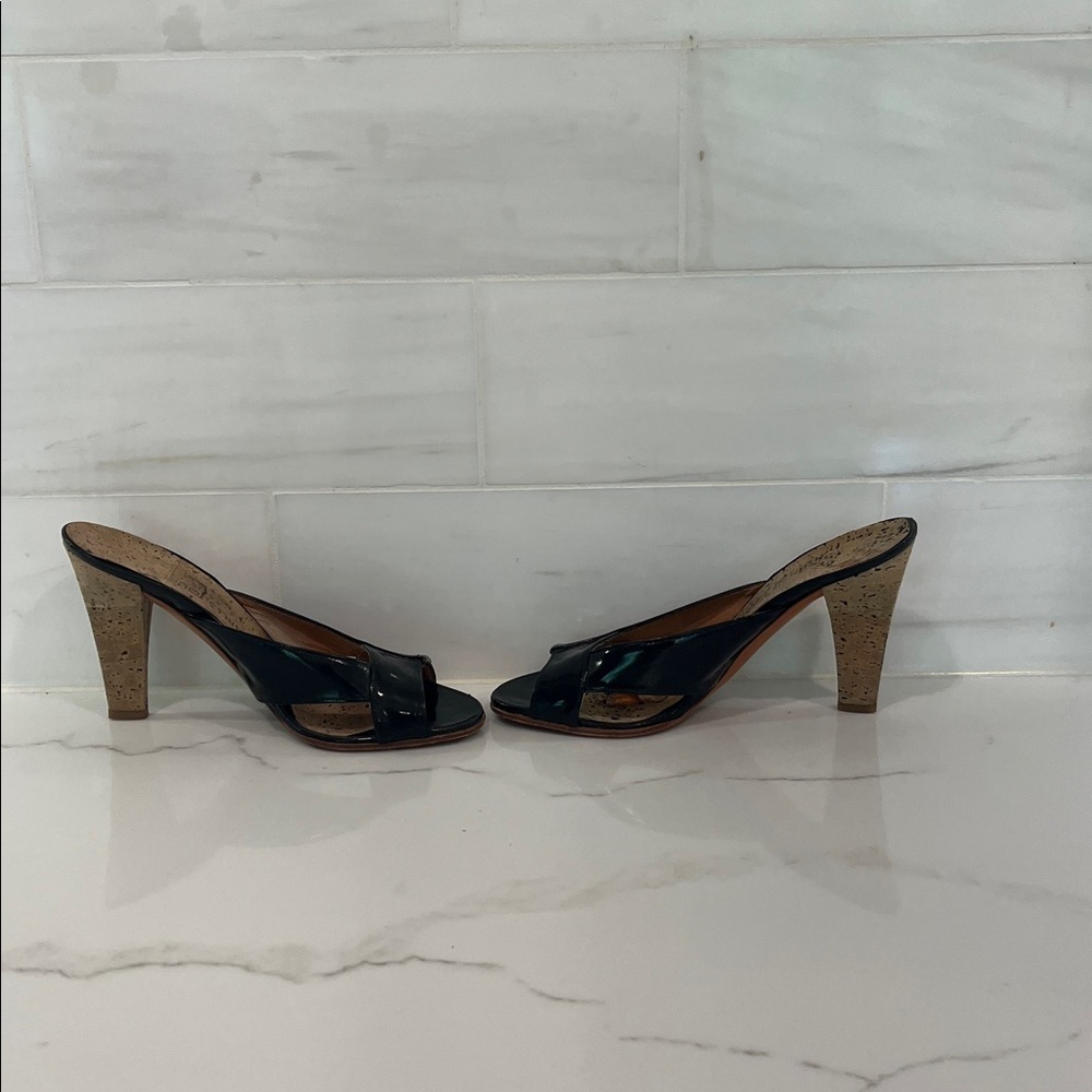 Charles Jourdan Vintage Black Patent Leather Cork Heels Sandals Mules - Picture 6 of 11